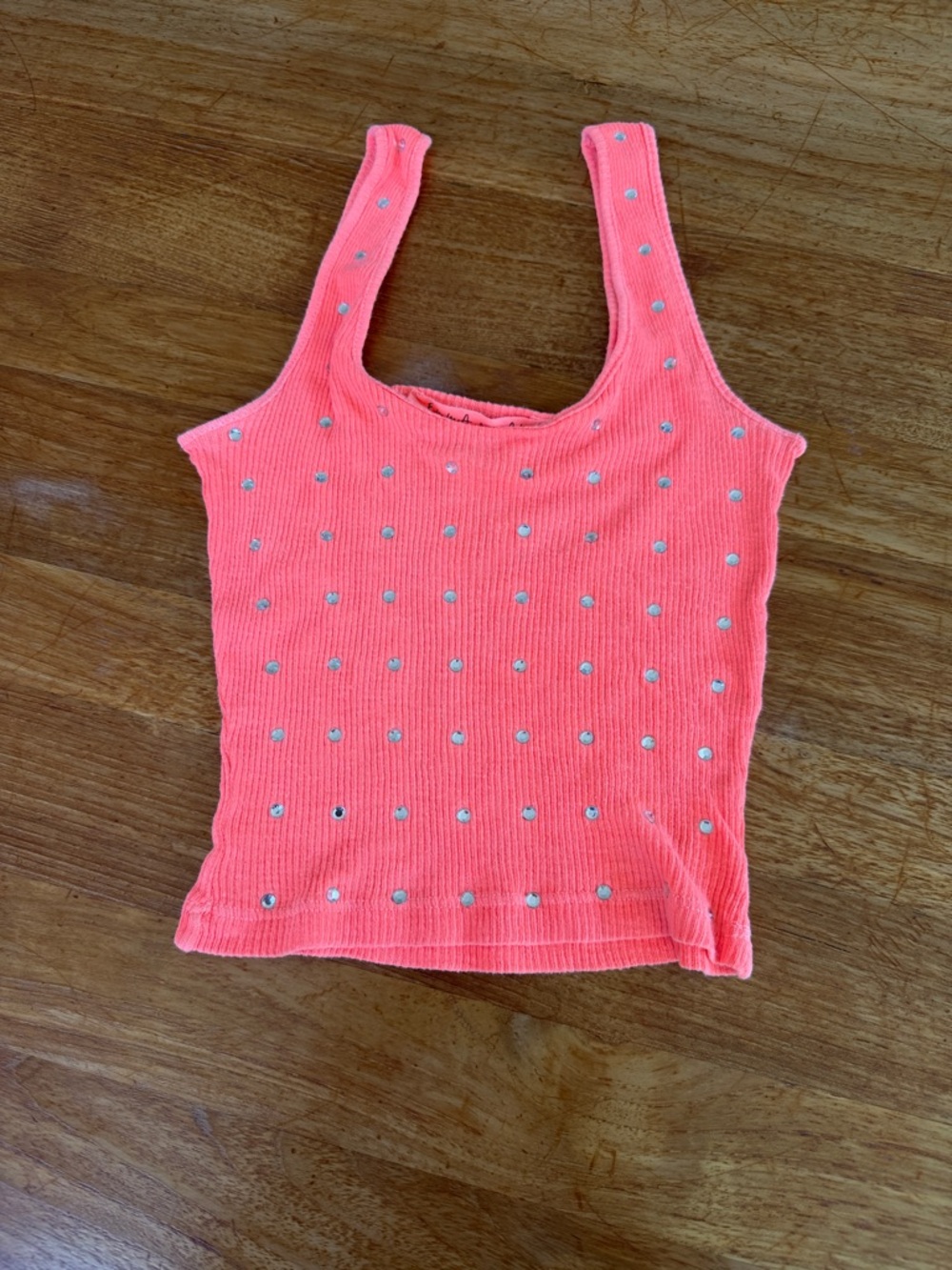 Emma & Sam Neon Coral Ribbed Tank with Rhinestones